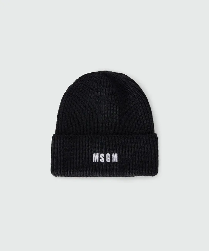 Black BlendedWool Watch Cap With Impact Logo Women MSGM Hats Scarves And Gloves