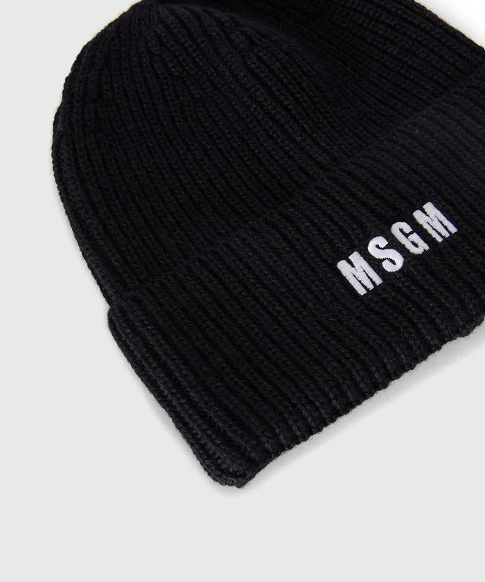 Black BlendedWool Watch Cap With Impact Logo Women MSGM Hats Scarves And Gloves