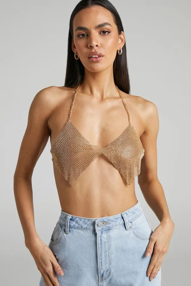 Bowie Mesh Crop Top In WhiteGold Women Showpo Tops