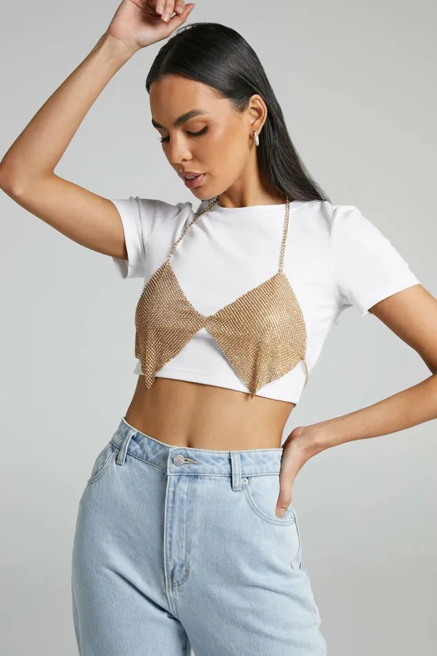Bowie Mesh Crop Top In WhiteGold Women Showpo Tops