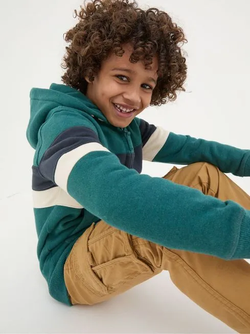 Boys Fatface Sweatshirts and Hoodies Colourblock Zip Thru Green Colourblock Zip Through Hoodie