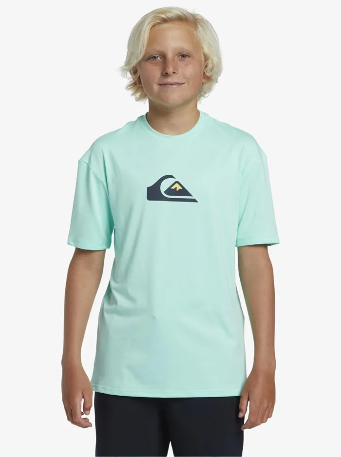 Boys Quiksilver Rashguards Boy039s 816 Solid Streak Short Sleeve UPF 50 Surf TShirt Beach Glass Boys Quiksilver Rashguards Boy039s 816 Solid Streak Short Sleeve UPF 50 Surf TShirt Beach Glass