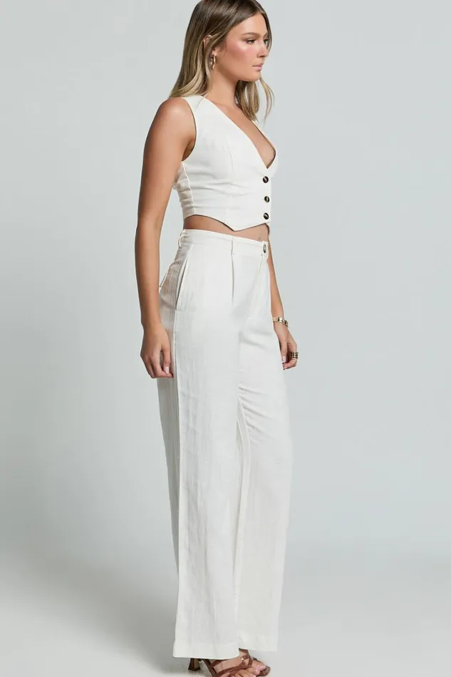Bree Pants 8211 Linen Look Mid Rise Relaxed Straight Leg Tailored Trousers In White Women Showpo Conscious