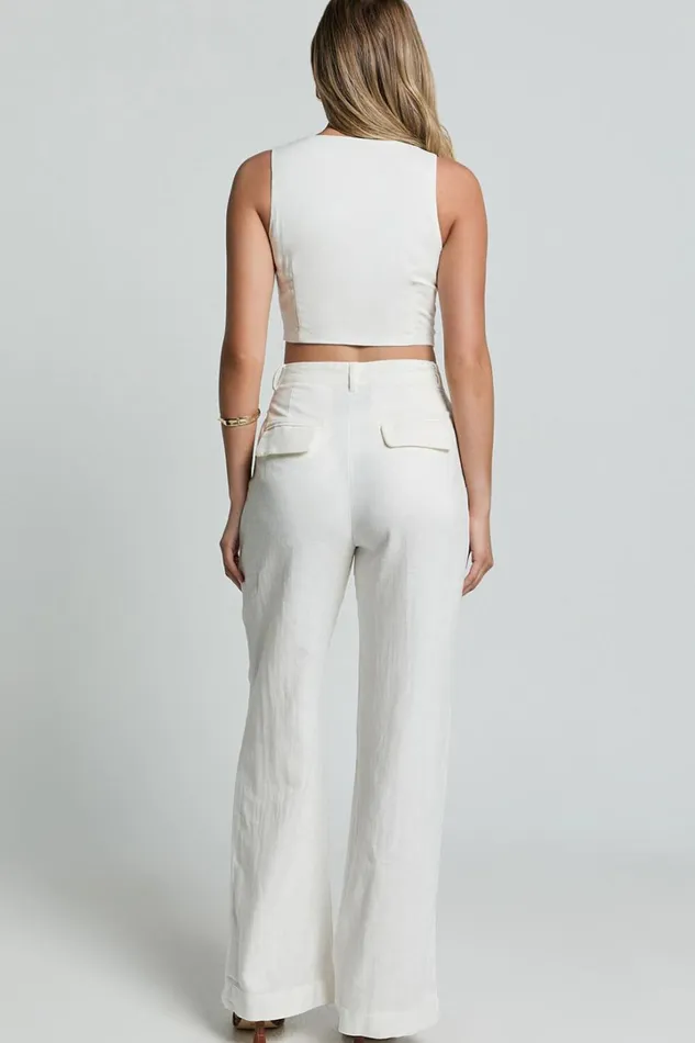 Bree Pants 8211 Linen Look Mid Rise Relaxed Straight Leg Tailored Trousers In White Women Showpo Conscious