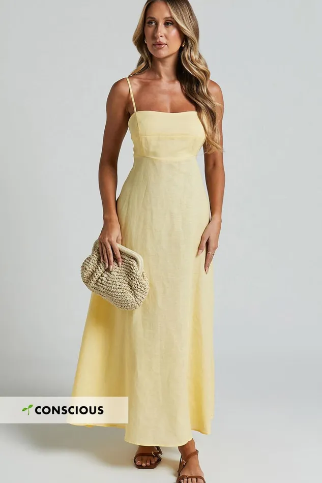 Brette Midi Dress 8211 Linen Look Straight Neck Strappy Fit And Flare Dress In Lemon Women Showpo Curve Clothes Brette Midi Dress 8211 Linen Look Straight Neck Strappy Fit And Flare Dress In Lemon Women Showpo Curve Clothes