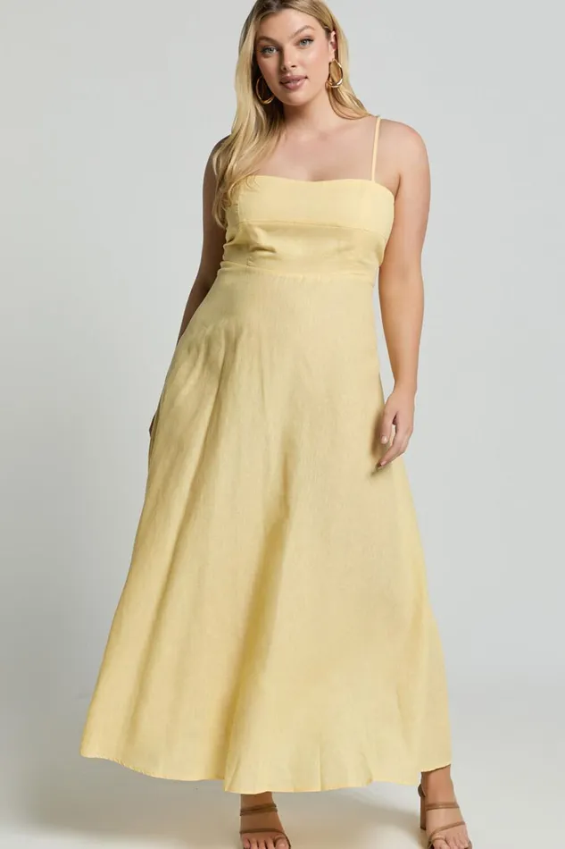 Brette Midi Dress 8211 Linen Look Straight Neck Strappy Fit And Flare Dress In Lemon Women Showpo Curve Clothes
