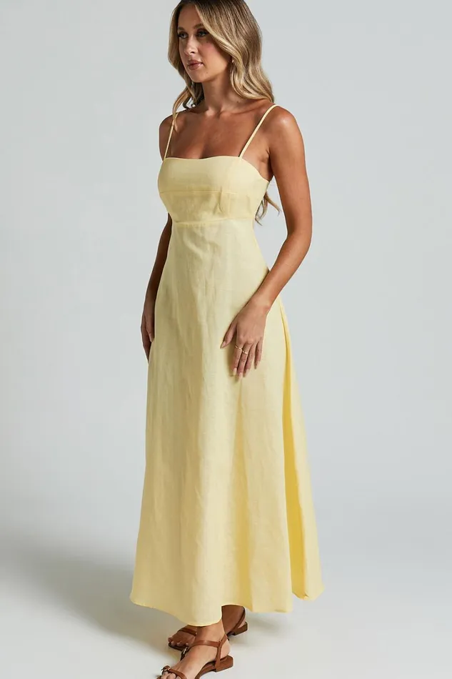 Brette Midi Dress 8211 Linen Look Straight Neck Strappy Fit And Flare Dress In Lemon Women Showpo Curve Clothes