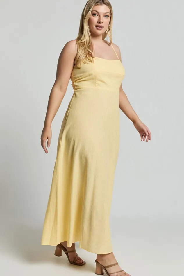 Brette Midi Dress 8211 Linen Look Straight Neck Strappy Fit And Flare Dress In Lemon Women Showpo Curve Clothes
