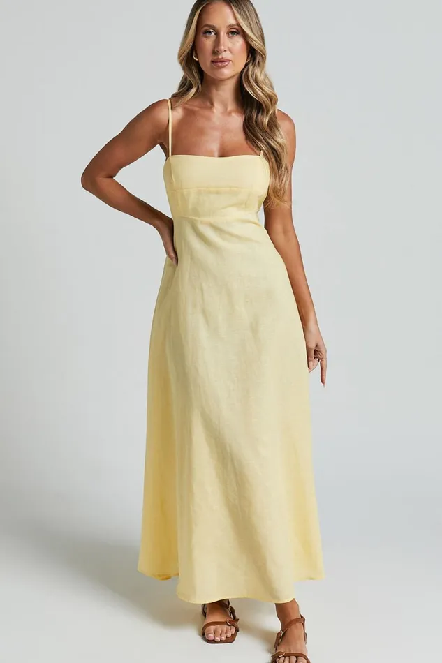 Brette Midi Dress 8211 Linen Look Straight Neck Strappy Fit And Flare Dress In Lemon Women Showpo Curve Clothes
