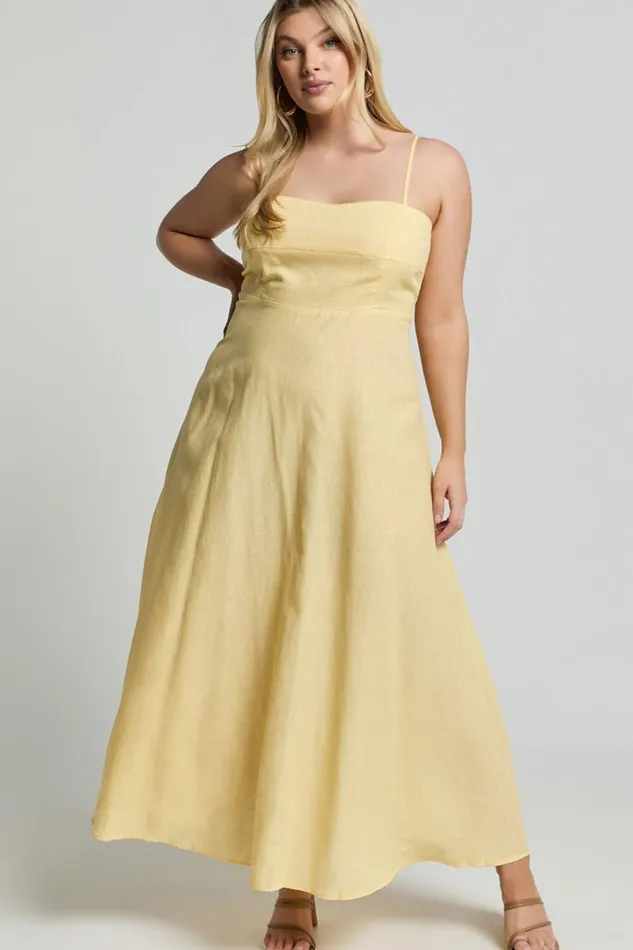 Brette Midi Dress 8211 Linen Look Straight Neck Strappy Fit And Flare Dress In Lemon Women Showpo Curve Clothes