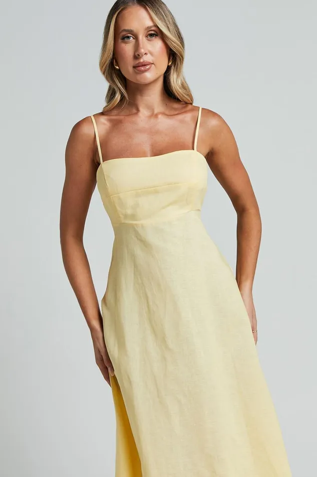 Brette Midi Dress 8211 Linen Look Straight Neck Strappy Fit And Flare Dress In Lemon Women Showpo Curve Clothes