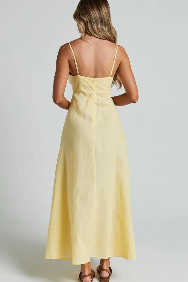 Brette Midi Dress 8211 Linen Look Straight Neck Strappy Fit And Flare Dress In Lemon Women Showpo Curve Clothes