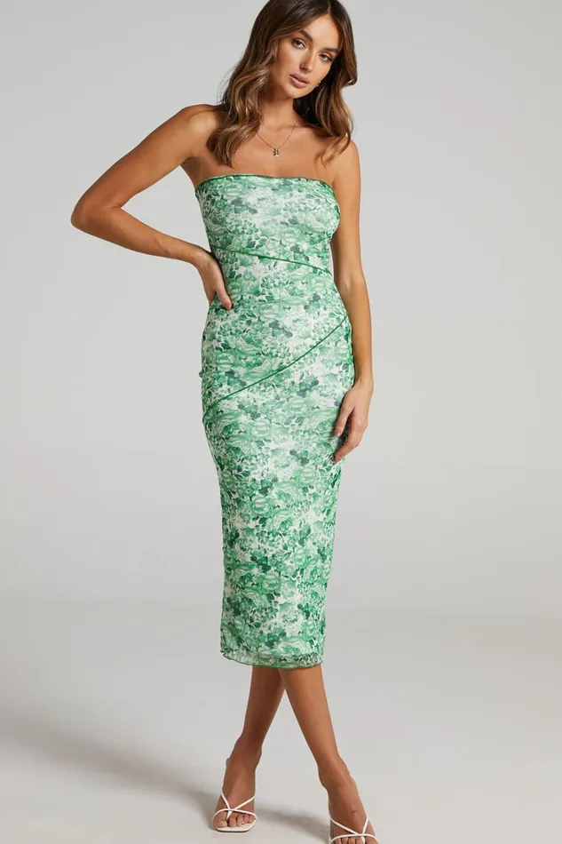 Brunetta Midi Dress 8211 Strapless Mesh Dress In Green Furnishing Florals Women Showpo Curve Clothes