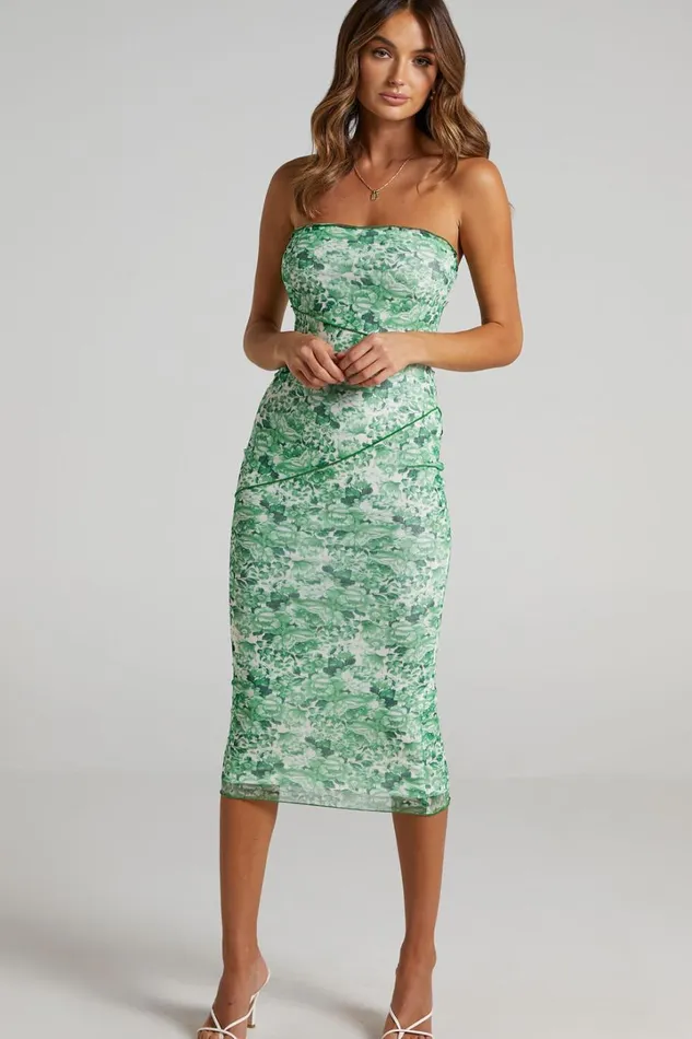 Brunetta Midi Dress 8211 Strapless Mesh Dress In Green Furnishing Florals Women Showpo Curve Clothes