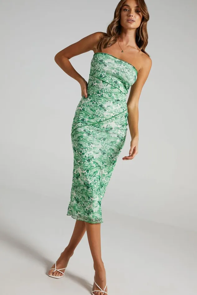 Brunetta Midi Dress 8211 Strapless Mesh Dress In Green Furnishing Florals Women Showpo Curve Clothes