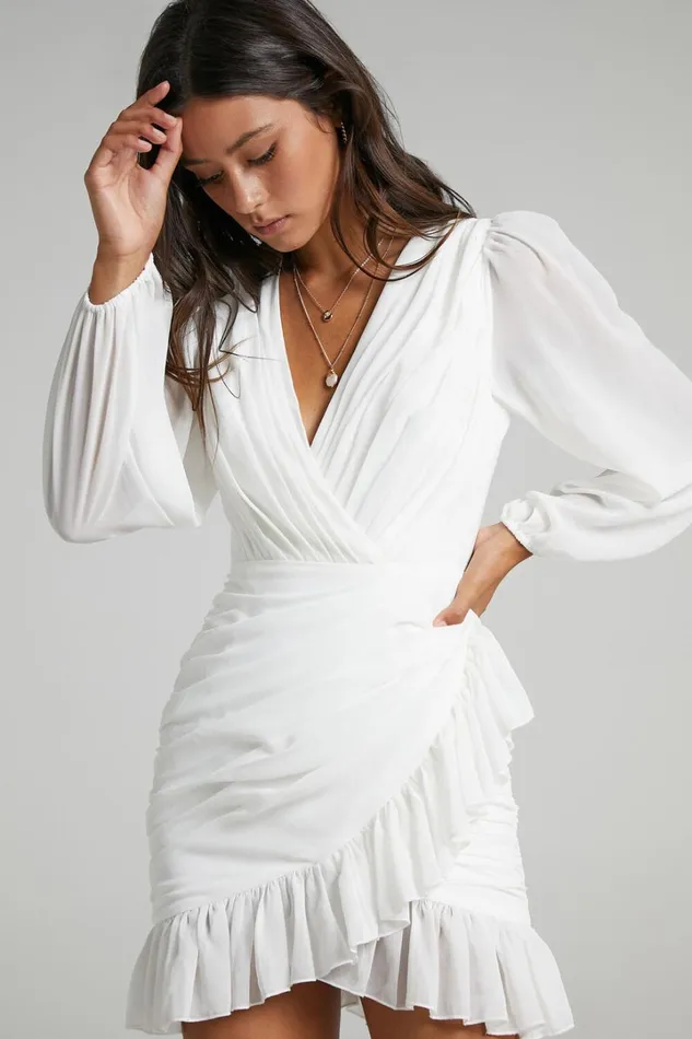 Can I Be Your Honey Mini Dress 8211 Plunge Balloon Sleeve Dress In White Women Showpo Curve Clothes