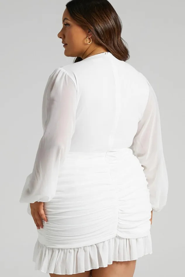 Can I Be Your Honey Mini Dress 8211 Plunge Balloon Sleeve Dress In White Women Showpo Curve Clothes