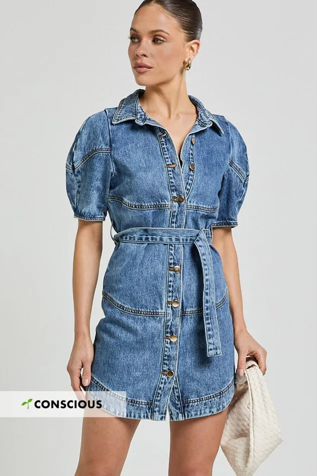 Cannes Mini Dress 8211 Button Through Belted Recycled Denim Dress In Mid Blue Wash Women Showpo Denim Cannes Mini Dress 8211 Button Through Belted Recycled Denim Dress In Mid Blue Wash Women Showpo Denim