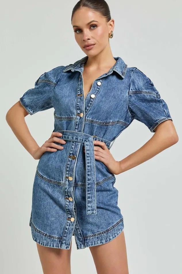 Cannes Mini Dress 8211 Button Through Belted Recycled Denim Dress In Mid Blue Wash Women Showpo Denim