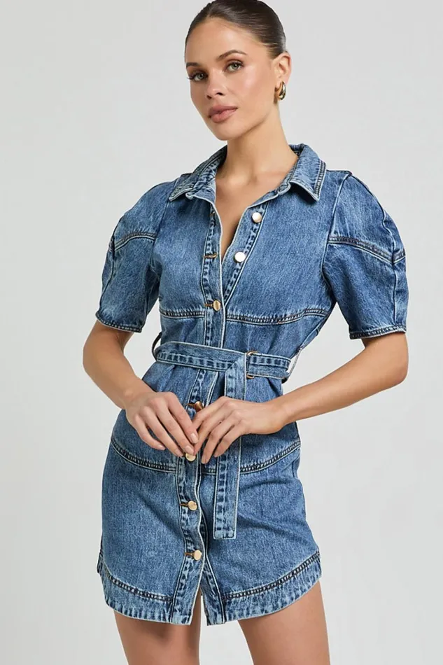 Cannes Mini Dress 8211 Button Through Belted Recycled Denim Dress In Mid Blue Wash Women Showpo Denim