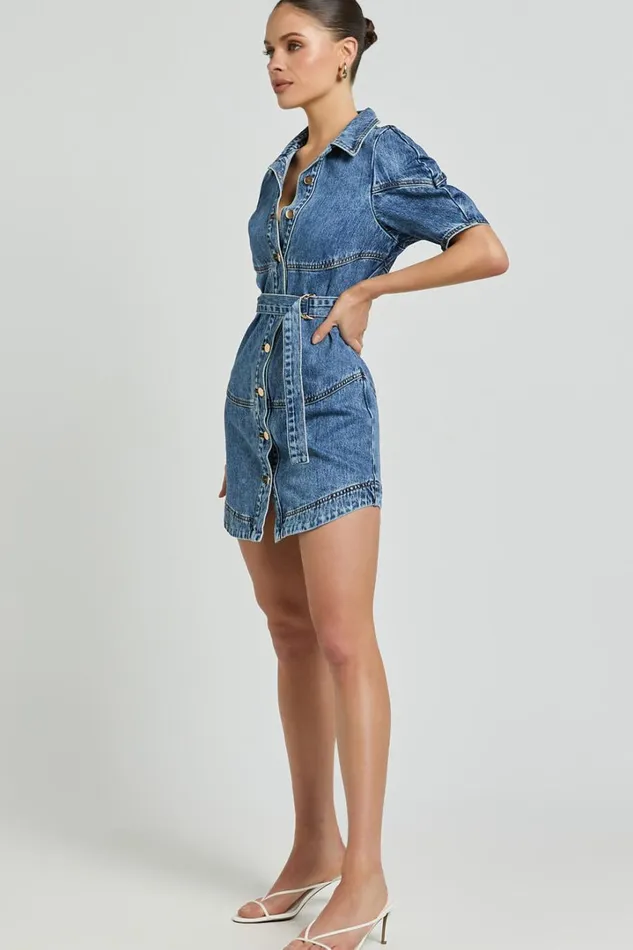 Cannes Mini Dress 8211 Button Through Belted Recycled Denim Dress In Mid Blue Wash Women Showpo Denim