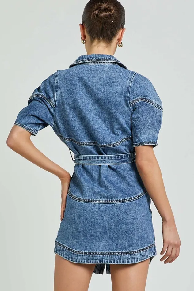 Cannes Mini Dress 8211 Button Through Belted Recycled Denim Dress In Mid Blue Wash Women Showpo Denim