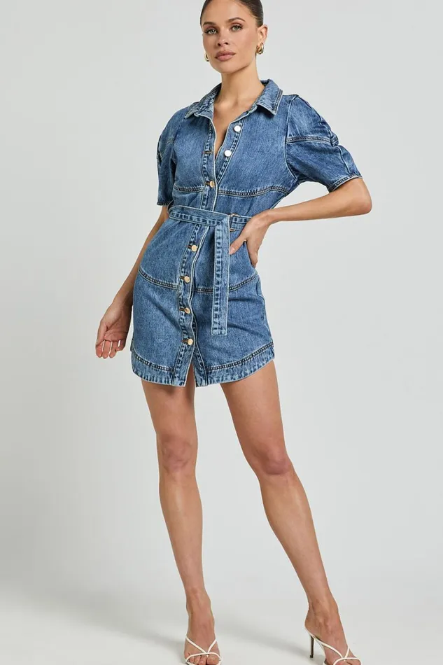 Cannes Mini Dress 8211 Button Through Belted Recycled Denim Dress In Mid Blue Wash Women Showpo Denim