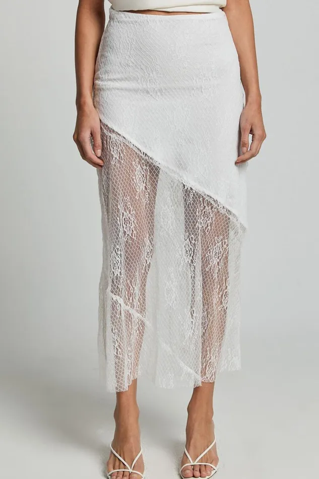 Carina Midi Skirt 8211 Mid Waist Lace Asymmetrical Skirt In Ivory Women Showpo Skirts