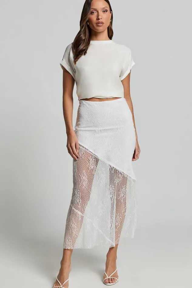 Carina Midi Skirt 8211 Mid Waist Lace Asymmetrical Skirt In Ivory Women Showpo Skirts