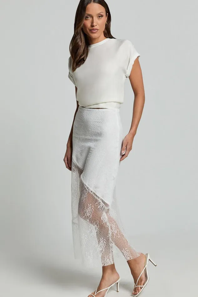 Carina Midi Skirt 8211 Mid Waist Lace Asymmetrical Skirt In Ivory Women Showpo Skirts