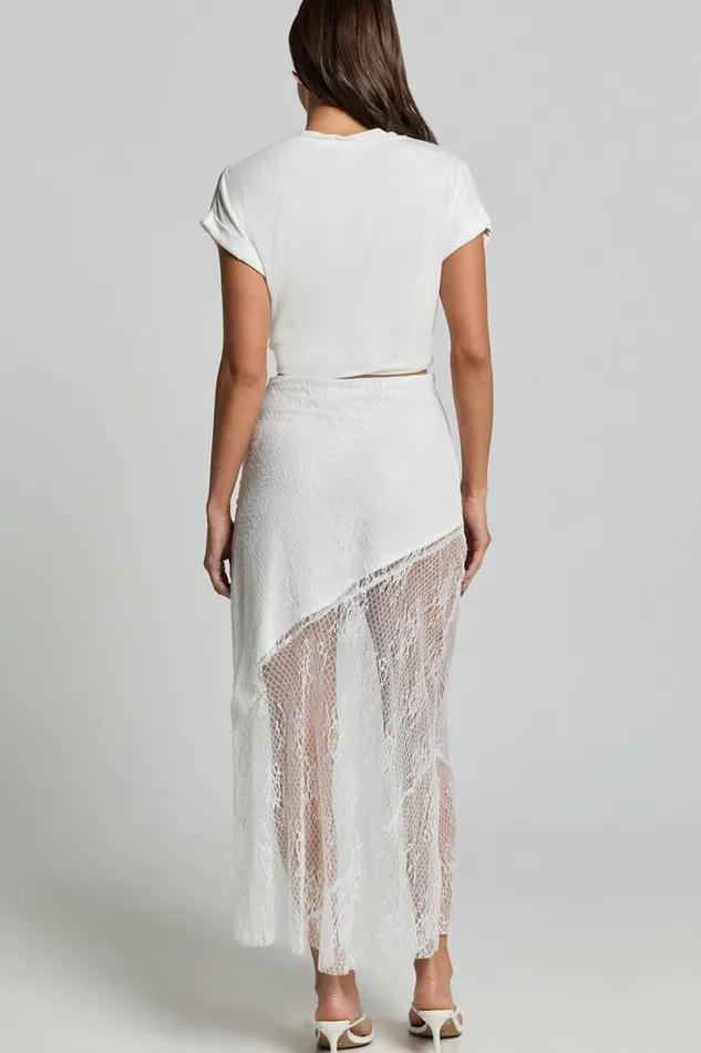 Carina Midi Skirt 8211 Mid Waist Lace Asymmetrical Skirt In Ivory Women Showpo Skirts