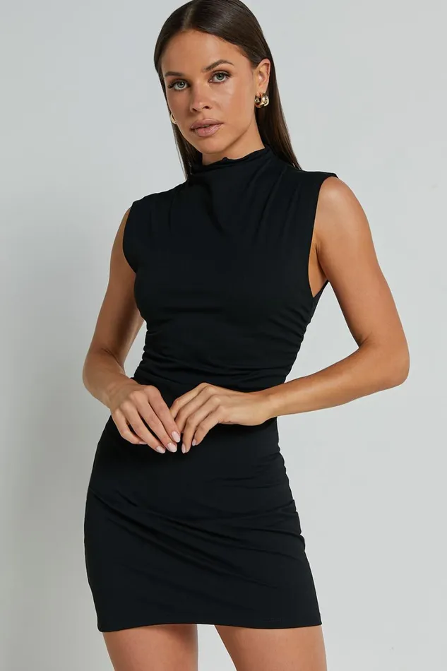 Carleigh Mini Dress 8211 High Neck Ruched Bodycon Dress In Black Women Showpo Basics