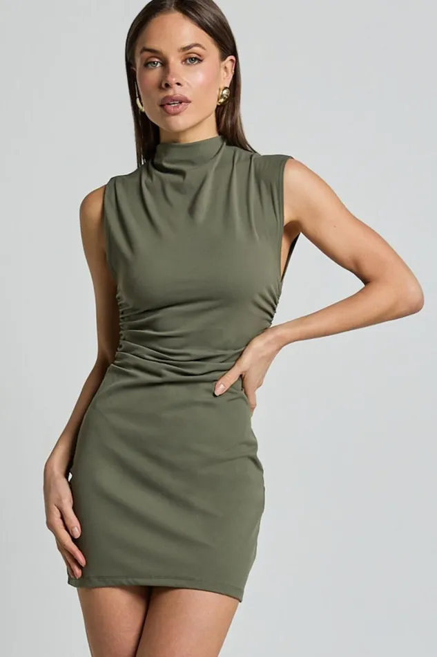Carleigh Mini Dress 8211 High Neck Ruched Bodycon Dress In Olive Women Showpo Basics