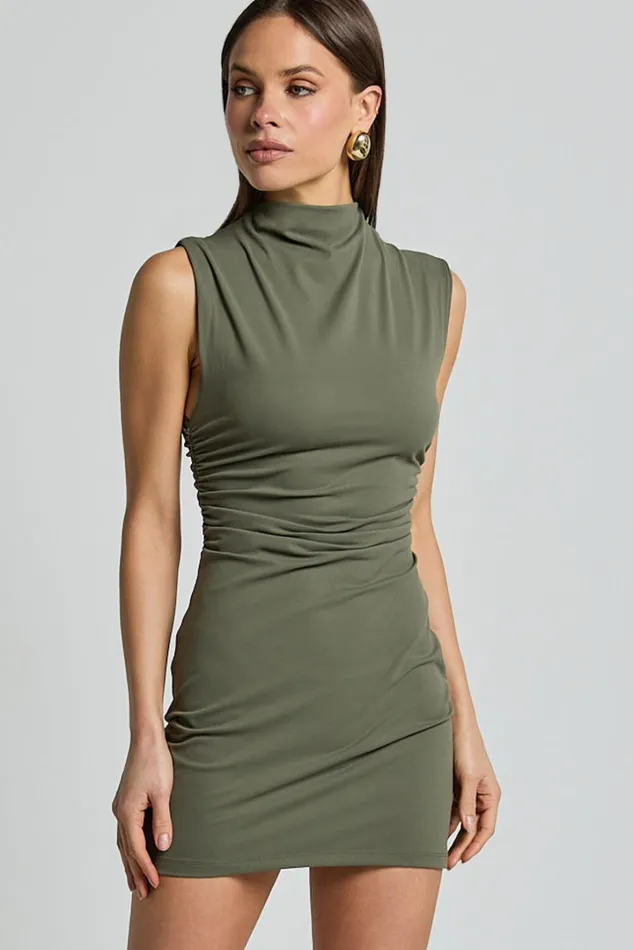 Carleigh Mini Dress 8211 High Neck Ruched Bodycon Dress In Olive Women Showpo Basics