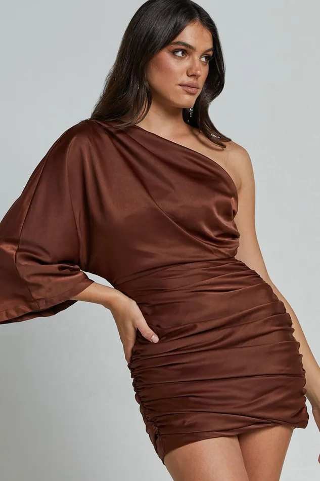 Carolleen Mini Dress 8211 One Shoulder Ruched Bodycon Satin Dress In Chocolate Women Showpo Dresses Carolleen Mini Dress 8211 One Shoulder Ruched Bodycon Satin Dress In Chocolate Women Showpo Dresses