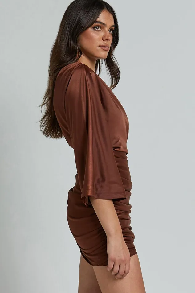 Carolleen Mini Dress 8211 One Shoulder Ruched Bodycon Satin Dress In Chocolate Women Showpo Dresses