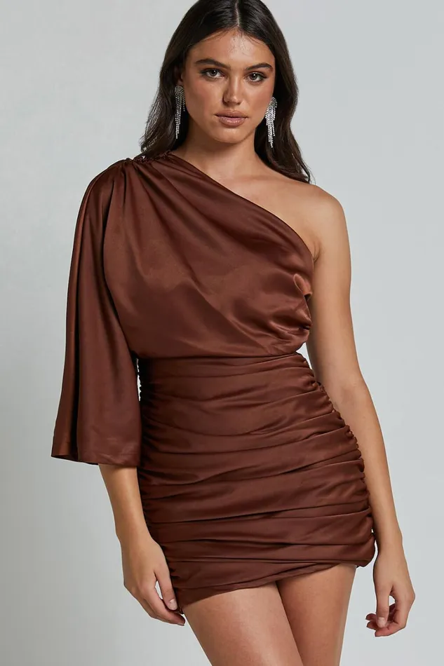 Carolleen Mini Dress 8211 One Shoulder Ruched Bodycon Satin Dress In Chocolate Women Showpo Dresses