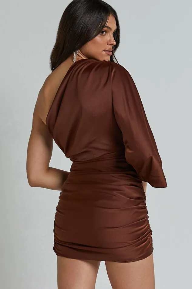 Carolleen Mini Dress 8211 One Shoulder Ruched Bodycon Satin Dress In Chocolate Women Showpo Dresses