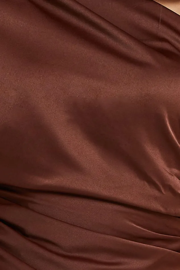 Carolleen Mini Dress 8211 One Shoulder Ruched Bodycon Satin Dress In Chocolate Women Showpo Dresses