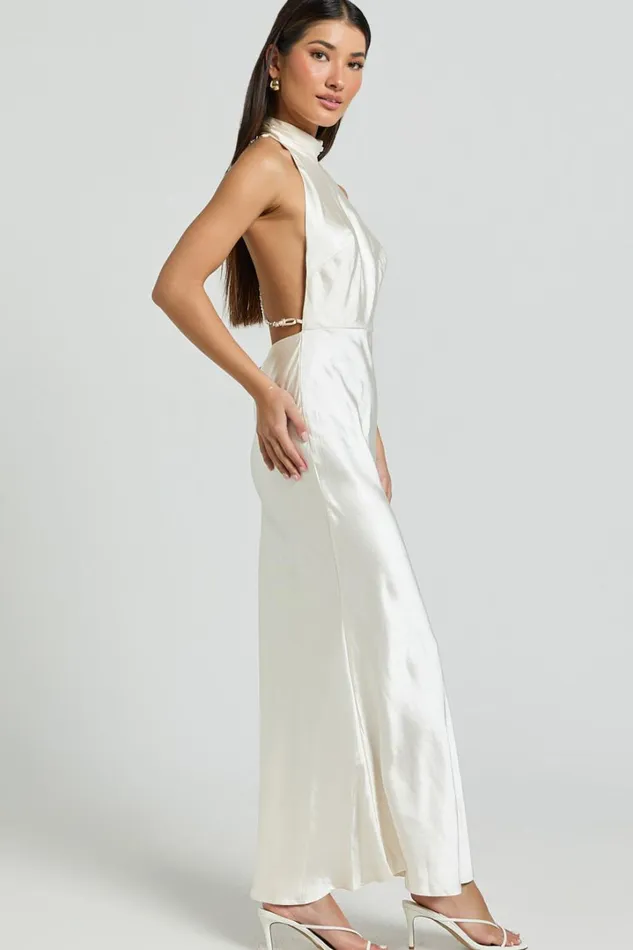 Cassie Midi Dress 8211 High Neck Sleeveless Backless Slip Dress In Champagne Women Showpo Dresses