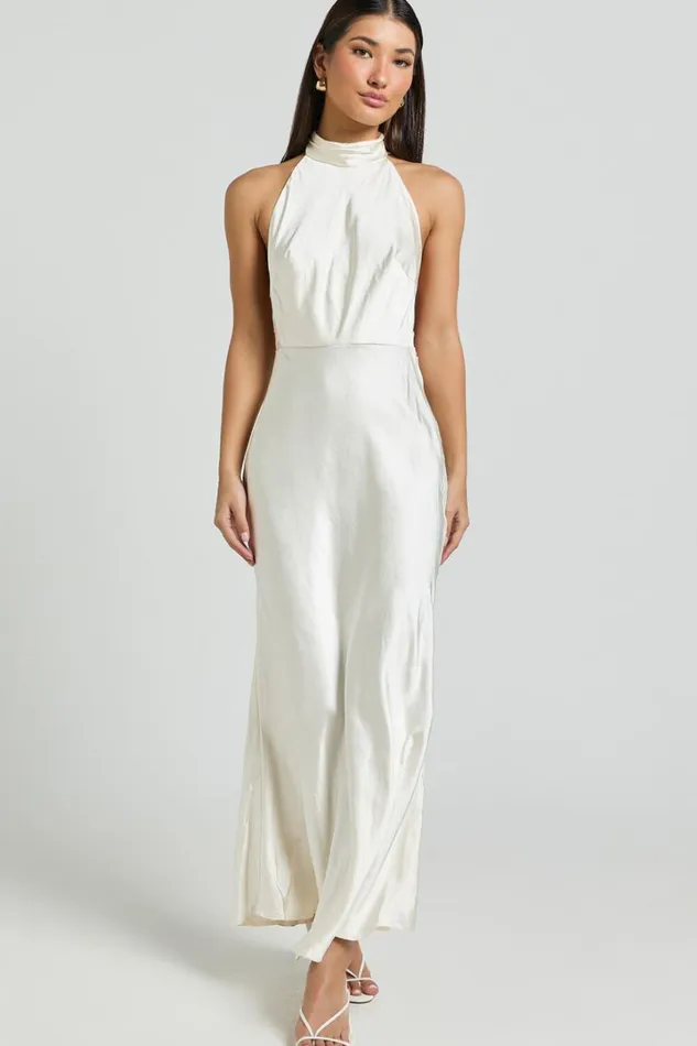 Cassie Midi Dress 8211 High Neck Sleeveless Backless Slip Dress In Champagne Women Showpo Dresses