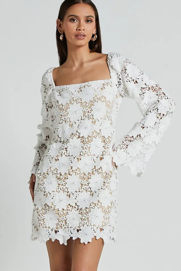 Cassie Mini Dress 8211 Straight Neck Long Flared Sleeve Tie Back Lace Dress In White Women Showpo Curve Clothes Cassie Mini Dress 8211 Straight Neck Long Flared Sleeve Tie Back Lace Dress In White Women Showpo Curve Clothes