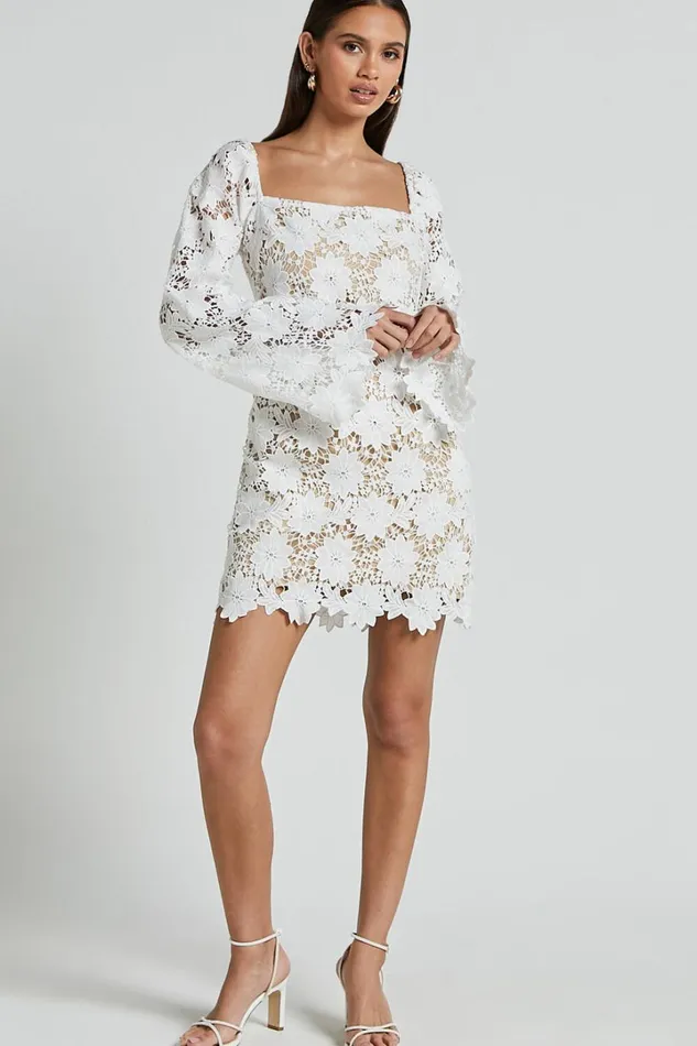 Cassie Mini Dress 8211 Straight Neck Long Flared Sleeve Tie Back Lace Dress In White Women Showpo Curve Clothes
