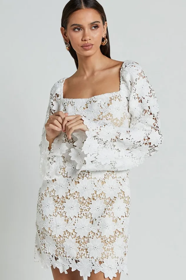 Cassie Mini Dress 8211 Straight Neck Long Flared Sleeve Tie Back Lace Dress In White Women Showpo Curve Clothes