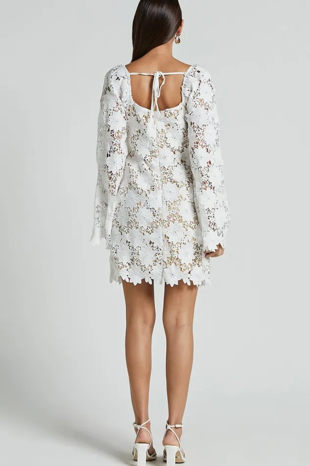 Cassie Mini Dress 8211 Straight Neck Long Flared Sleeve Tie Back Lace Dress In White Women Showpo Curve Clothes