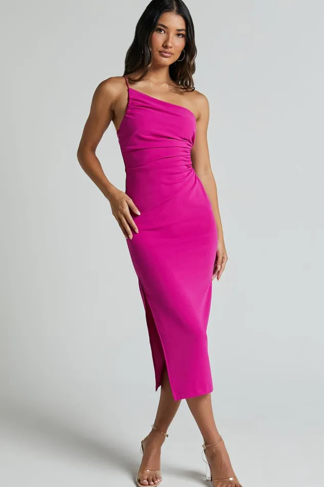 Cedrych Midi Dress 8211 Side Cut Out Asymmetric Bodycon Dress In Fuschia Women Showpo Dresses Cedrych Midi Dress 8211 Side Cut Out Asymmetric Bodycon Dress In Fuschia Women Showpo Dresses