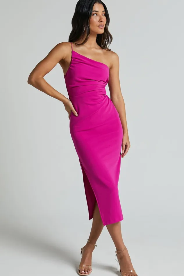 Cedrych Midi Dress 8211 Side Cut Out Asymmetric Bodycon Dress In Fuschia Women Showpo Dresses