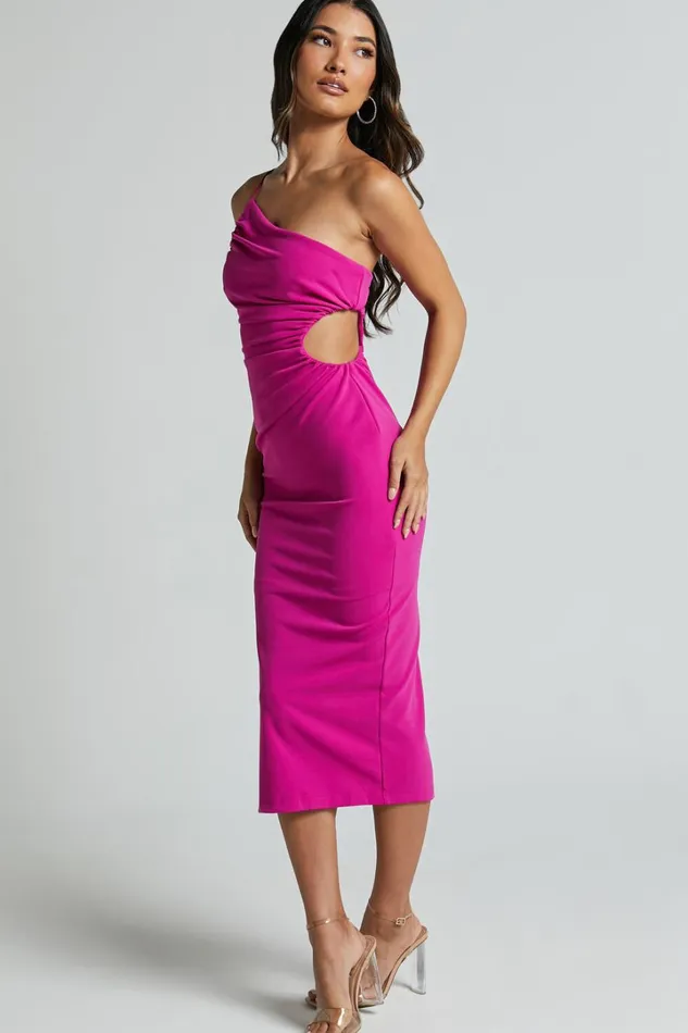 Cedrych Midi Dress 8211 Side Cut Out Asymmetric Bodycon Dress In Fuschia Women Showpo Dresses