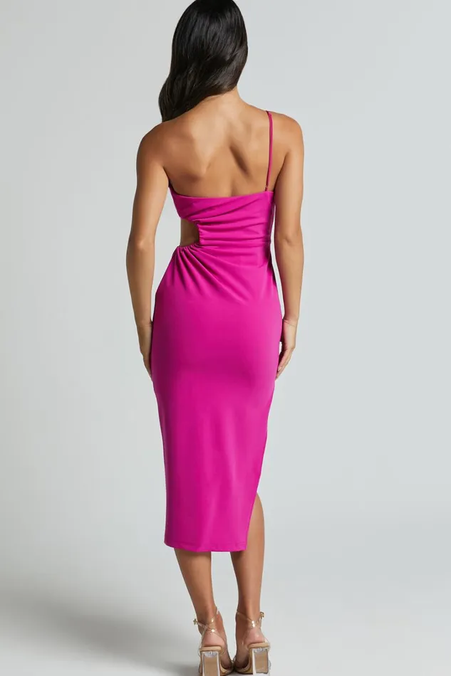 Cedrych Midi Dress 8211 Side Cut Out Asymmetric Bodycon Dress In Fuschia Women Showpo Dresses