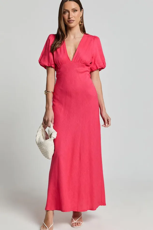 Celeste Midi Dress 8211 Plunge Neck Short Puff Sleeve Linen Blend Dress In Berry Women Showpo Dresses Celeste Midi Dress 8211 Plunge Neck Short Puff Sleeve Linen Blend Dress In Berry Women Showpo Dresses